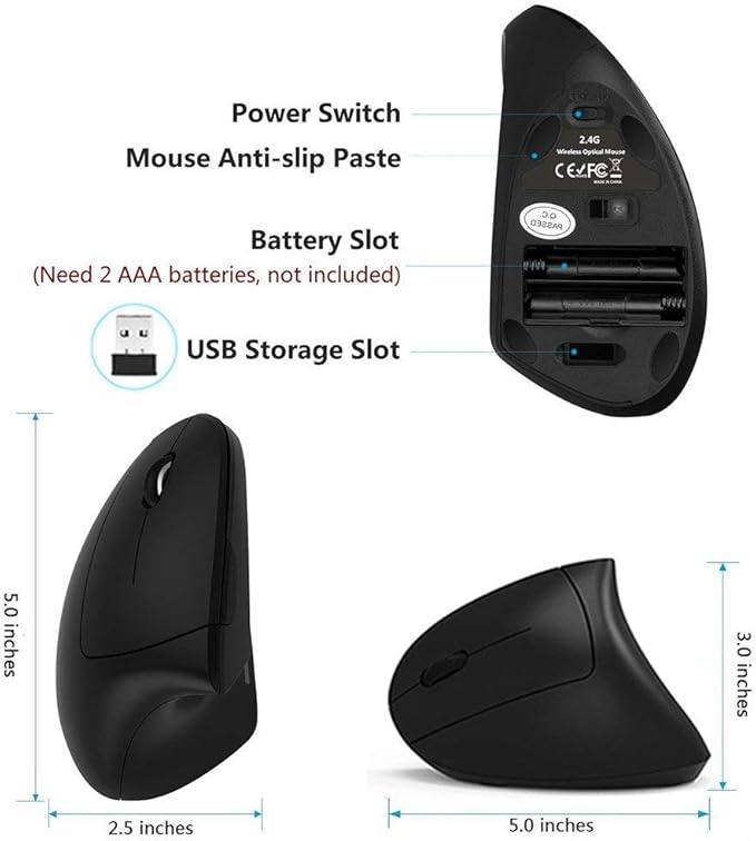 Lekvey Left Handed Mouse, Wireless 2.4 GHz USB Lefty Left Hand Ergonomic Vertical Mouse, Less Noise - Black