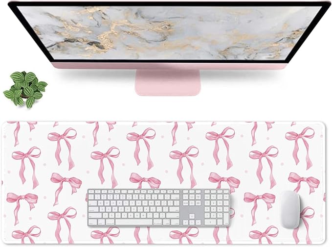 White Mouse Pad with Pink Bows, Cute Desk Mat Pink Keyboard Mat for Computer Laptop Non-Slip Rubber Base, Large Office Mat Kawaii Desktop Décor Accessories Office Supplies for Girls Women 31.5 x 11.8