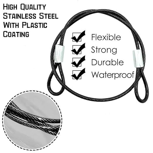 20 Pack 6 Inch(15cm) Safety Stainless Steel Tethers with 4 Pcs Spring Snap Hook Clips, Steel Wire Cable with Loops Vinyl Cover Coated Short Rope Lanyard Lock Safety Tether Chains, Black