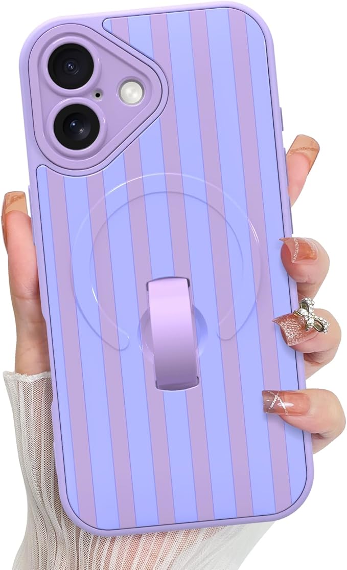 KANGHAR Compatible with iPhone 16 Case, Support for MagSafe, Silicone Stripes Cute Pattern, Wristband Kickstand Camera Protection Soft Slim Cover for Girls Women -Purple