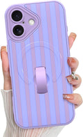KANGHAR Compatible with iPhone 16 Case, Support for MagSafe, Silicone Stripes Cute Pattern, Wristband Kickstand Camera Protection Soft Slim Cover for Girls Women -Purple