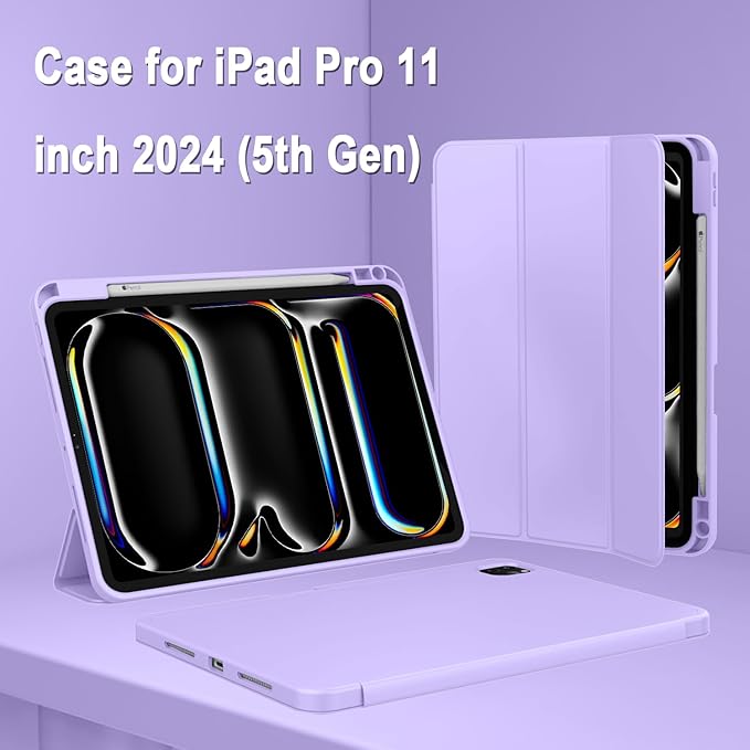ZryXal iPad Pro 11 Inch Case (M5) 2025/ (M4) 2024 (Model: A2836/A2837/A3006), Trifold Stand Smart Cover with Pencil Holder and Soft TPU Back, Auto Wake/Sleep (New Clove Purple)