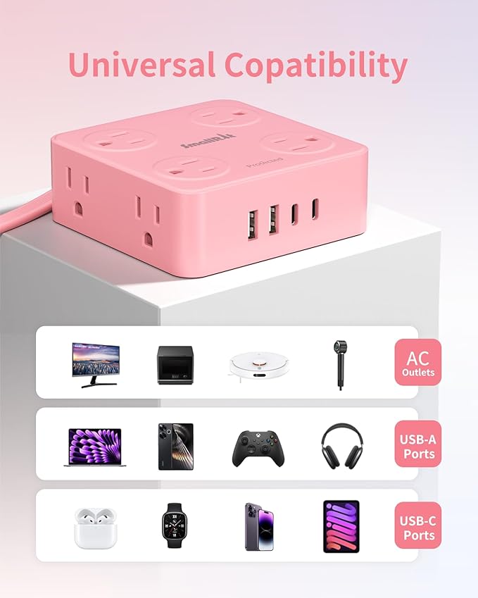 Power Strips with Surge Protection, SMALLRT Extension Cord with Multiple Outlets, 10FT Flat Plug Power Strip with USB Ports, 8 Outlets, Outlet Extender Surge Protector Outlet for Home Office, Pink