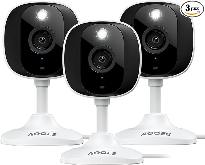 AOQEE 2K Cameras for Home Security-Outdoor/Indoor Camera for Dog/Cat/Pet/Nanny/Baby/Elderly, Color Night Vision, White Light, Siren, 24/7 SD Recordings, Works with Alexa, Plug in (C1-White-3pack-2.4G)