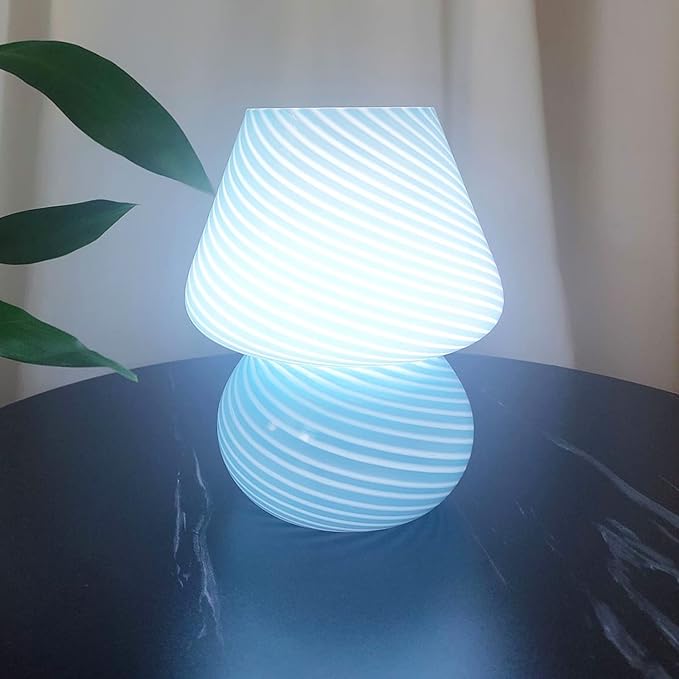 Mushroom Lamp,Glass Arctic Blue Mushroom Bedside Table Lamps Vintage Translucent Murano Style Striped Small Nightstand Desklamp Swirl Light for Home Decor, Dining, Living, Bedroom, Gift (Stripe Blue)