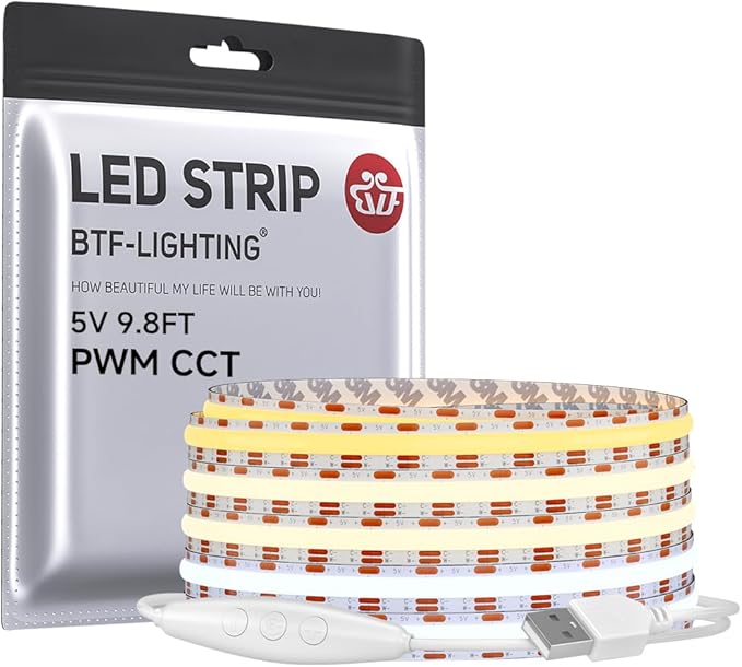 BTF-LIGHTING FCOB COB FOB LED Strip Lights 5V USB CCT 9.8FT 1920LEDs Tunable 2700K/4000K/6500K 10mm Width Dimmable 90+ High CRI Flexible High Density for TV Backlight PC Bedroom Kitchen Home DIY Decor