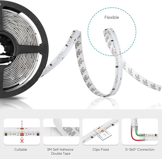 BTF-LIGHTING WS2811 Dual IC RGBCCT FCOB COB LED Strip,UL Listed High Density Chasing IC RGB Light+Tunable White 3000K-6000K,16.4FT 960LEDs/m,12mm Width IP30 DC24V 3M Tape(No Adapter or Controller)