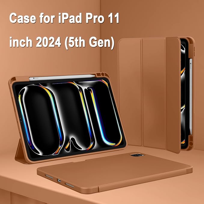 ZryXal iPad Pro 11 Inch Case (M5) 2025/ (M4) 2024 (Model: A2836/A2837/A3006), Trifold Stand Smart Cover with Pencil Holder and Soft TPU Back, Auto Wake/Sleep (New Brown)