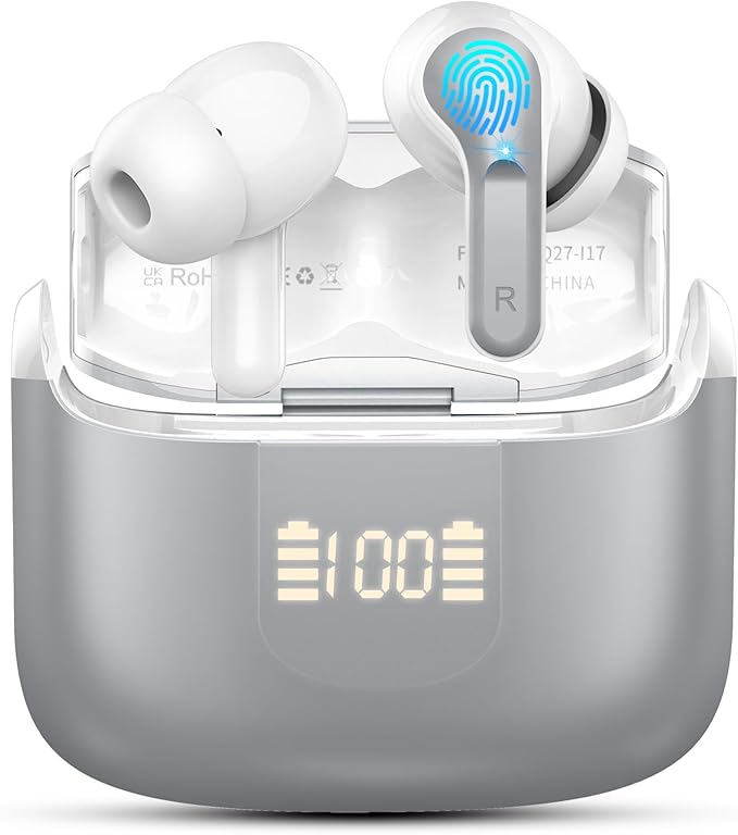 Wireless Earbud Bluetooth 5.3 Headphones, Hi-Fi Stereo Ear Buds with 4 ENC Cancelling Mics, 40H in-Ear Earphones IP7 Waterproof Sports, LED Display, Mini Headset for Laptop Pad TV Android/iOS, Grey