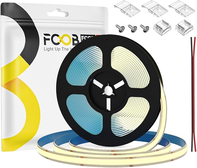 16.4FT IP65 Waterproof COB LED Strip 4000K 480LEDs/m Flexible High Density Uniform Bright LED Lights 9W/m, Dimmable 8mm DC12V COB Strips for Home Indoor Decoration, NO Power and Controller