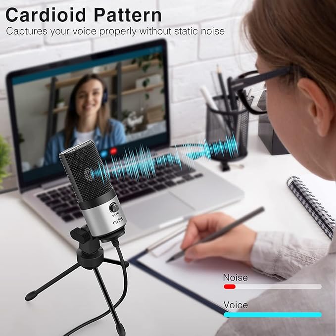 FIFINE USB Microphone for Zoom Video Meeting Online Class on PC Computer, Metal Condenser Desktop Mic with Gain Control for Windows and Mac, Silver - K669S