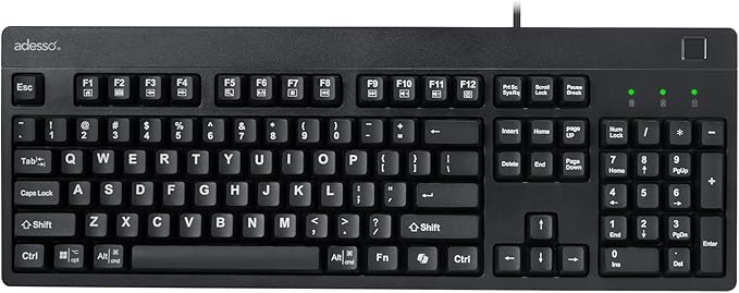 Adesso TAA Compliant Fingerprint Keyboard with AES 256 Encryption USB Wired Full Size 104 Key Layout Windows Hello Compatible Made in Taiwan for Government Business Education AKB-630FB-TAA