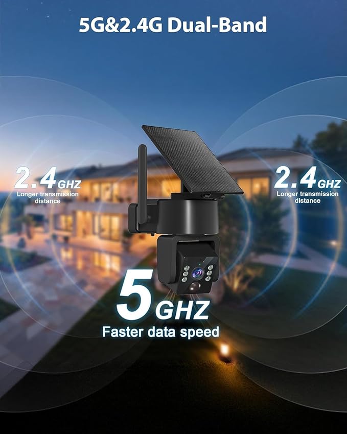 5G & 2.4G Wi-Fi Outdoor Camera Wireless,Solar Security Cameras Wireless Outdoor, 2K 360° PTZ Camera, Solar/Battery Powered, PIR Human Detection, Color Night Vision,Two-Way Voice Calling, Alexa