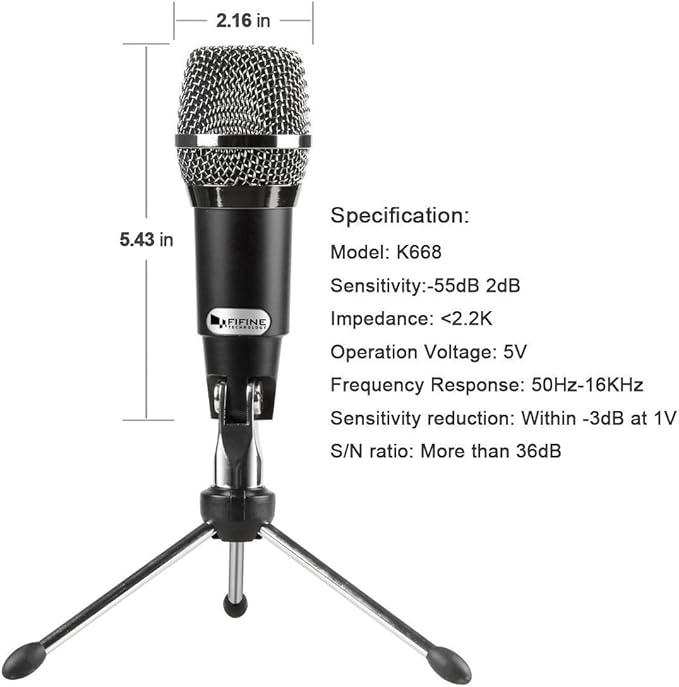 FIFINE USB Microphone, Plug and Play Home Studio USB Condenser Microphone for Skype, Recordings for YouTube, Google Voice Search, Games, for Windows and Mac-K668