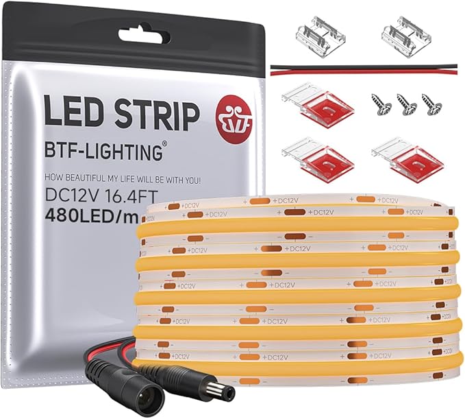 BTF-LIGHTING FCOB COB LED Strip Orange Color 480LED/m 16.4FT DC12V Flexible High Density Uniform Light 8mm Width Bright Dimmable for Bedroom Indoor Decor(No Adapter or Controller)