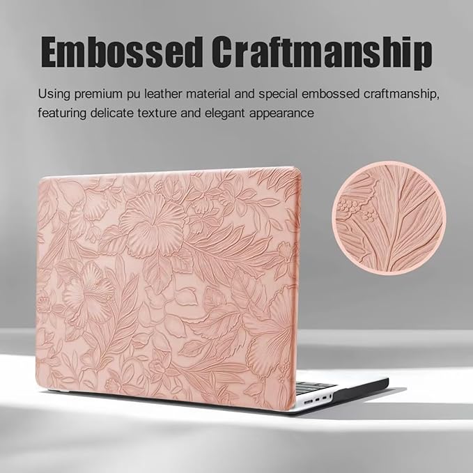 DTangLsm for MacBook Air 15 inch Case 2026 2025 2024 2023 M5 M4 M3 M2 A3448 A3241 A3114 A2941, Elegant Textured Retro Leather Hard Cover for M5 MacBook Air 15 Case+Keyboard Skin, Pink Embossed Floral