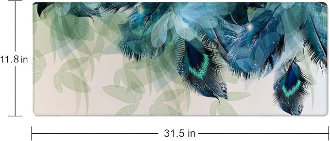 Large Gaming Mouse Pad with Stitched Edges, Desk Pad Extended Keyboard Mat, Non-Slip Rubber Base Mousepads for Laptop, Office, Home, 31.5X11.8 inch Watercolor Peacock Feather