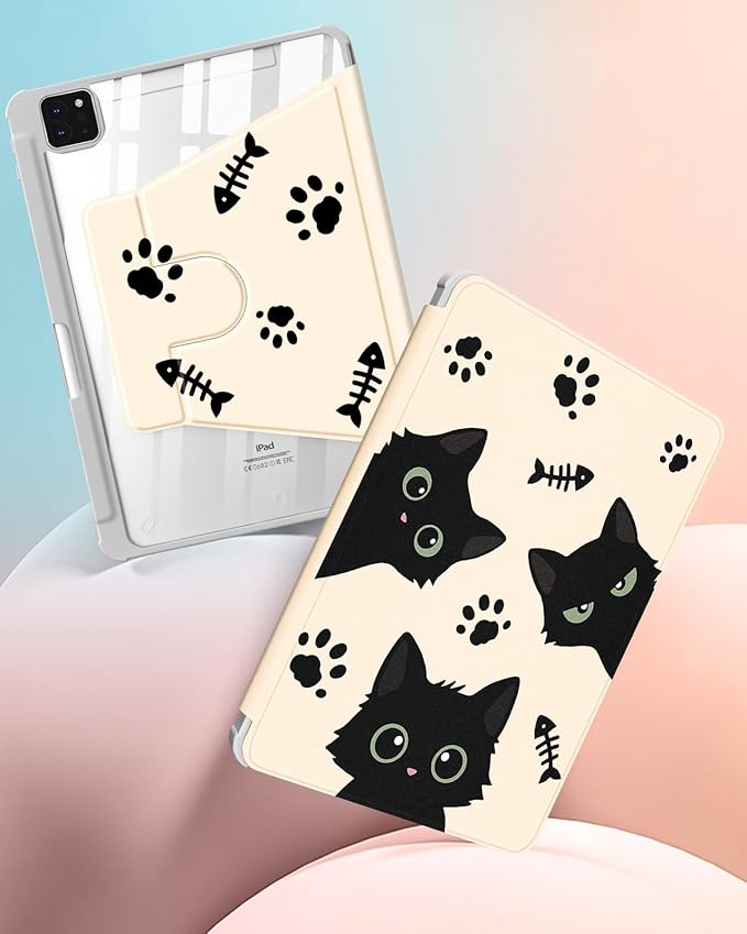 Uppuppy for iPad Air 13 inch Case(Air M4 2026/M3 2025/M2 2024), for iPad Pro 12.9 Case(6th/5th/4th/3rd/2nd/1st Gen) - 360 Rotating Smart Folio Cover with Pencil Holder for Women Girls, Black Cats
