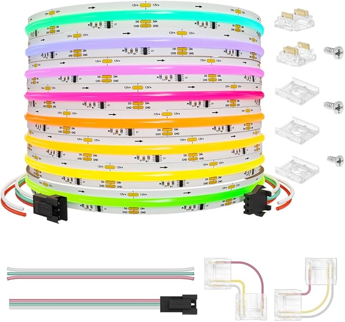 Smart WS2811 IC RGB COB LED Strip 16.4FT/5M, 720LED/m 20IC/M 12mm Width High Density Uniform Chasing Color Light DC12V White PCB Flexible Tape Light(No Adapter or Controller)