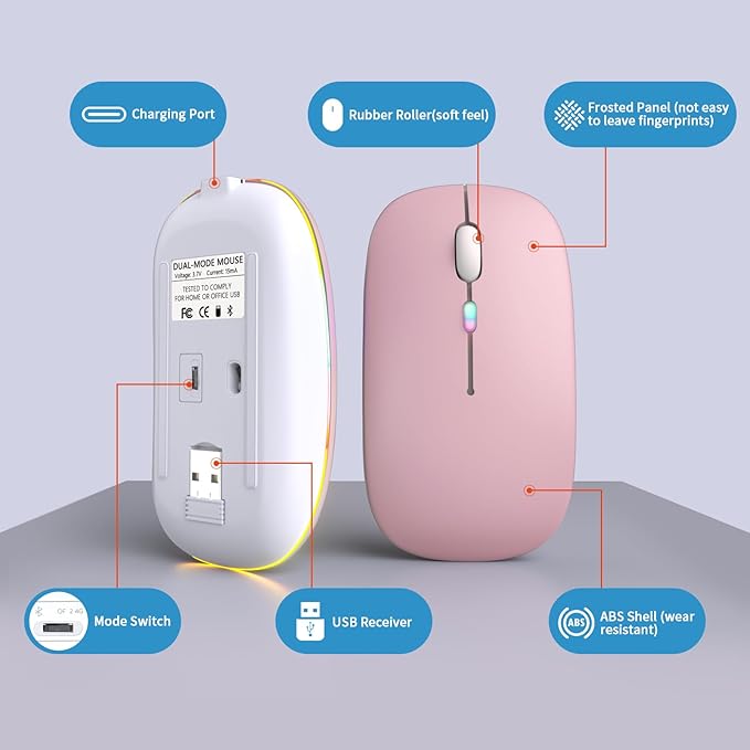 Wireless Bluetooth Mouse, Rechargeable, LED, Silent, Ultra-thin Design (Bluetooth 5.2 and 2.4GHz USB Receiver) | Portable Computer Mouse for Laptops, iPads, MacBooks and Apple Devices (Pink)