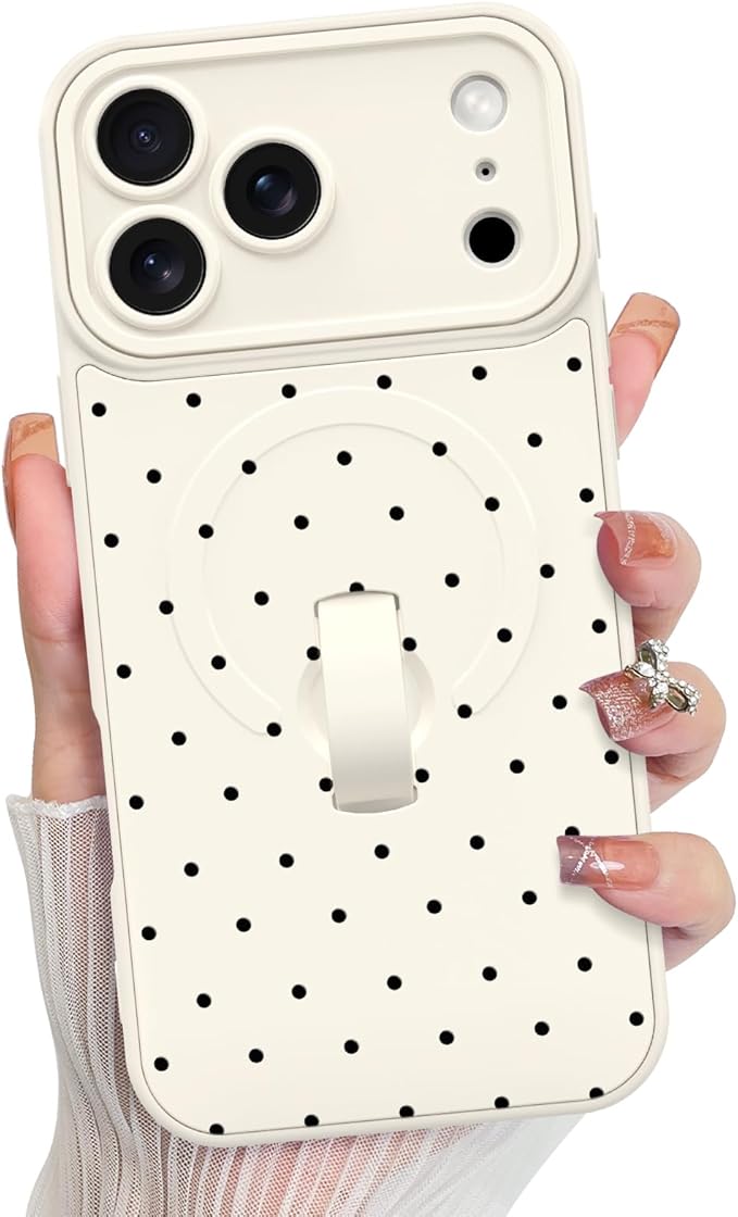 KANGHAR Compatible with iPhone 17 Pro Max Case, Support for MagSafe, Silicone Spot Cute Pattern, Wristband Kickstand Camera Protection Soft Slim Cover for Girls Women -White