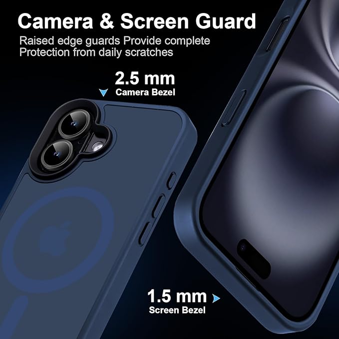 Magnetic Case for iPhone 16 Case [10FT-Grade Drop Tested & Compatible with MagSafe] Translucent Anti-Fingerprint Shockproof Protective Cover 6.1 Inch, Deep Blue