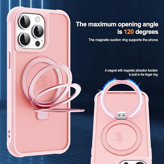 SKYLMW Compatible with iPhone 12 Pro Max Case & iPhone 13 Pro Max Case with Invisible Magnetic O-Ring Stand Translucent Phone Cases 6.7" [Compatible with Mag-Safe][Great Grip Feeling], Pink
