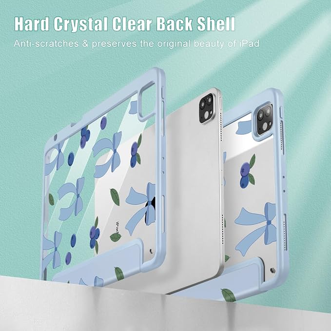 Tuiklol for iPad Pro 11 Inch 4th / 3rd / 2nd / 1st Gen (2022 2021 2020 2018) Case -Built-in Pencil Holder Shockproof Cover Clear Transparent Back Shell with Auto Wake/Sleep, Blue-Berries