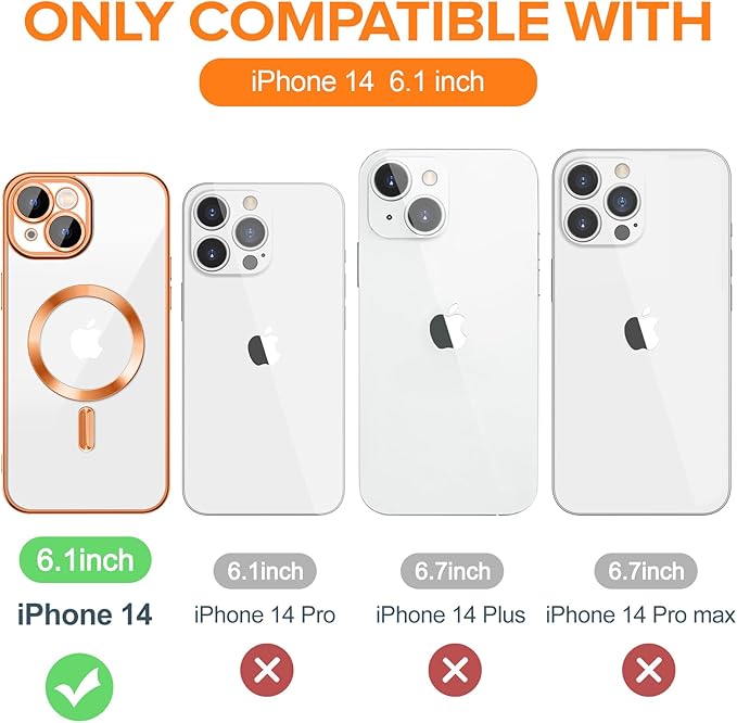 Hython Magnetic Clear for iPhone 14 Case with Camera Lens Protector [Compatible with MagSafe] Luxury Plating Edge Slim Soft TPU Cover Protective Phone Case for iPhone 14 6.1", Orange