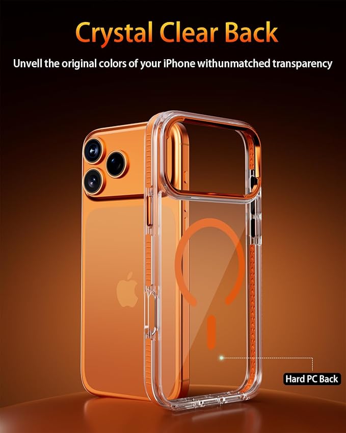 Full Body Protection Kit for iPhone 17 Pro Case, MagSafe Compatible Clear Cover, Orange Non-Slip Grip Bumper, N52 Magnetic Backing, Includes Tempered Glass Screen Protector and Lens Film