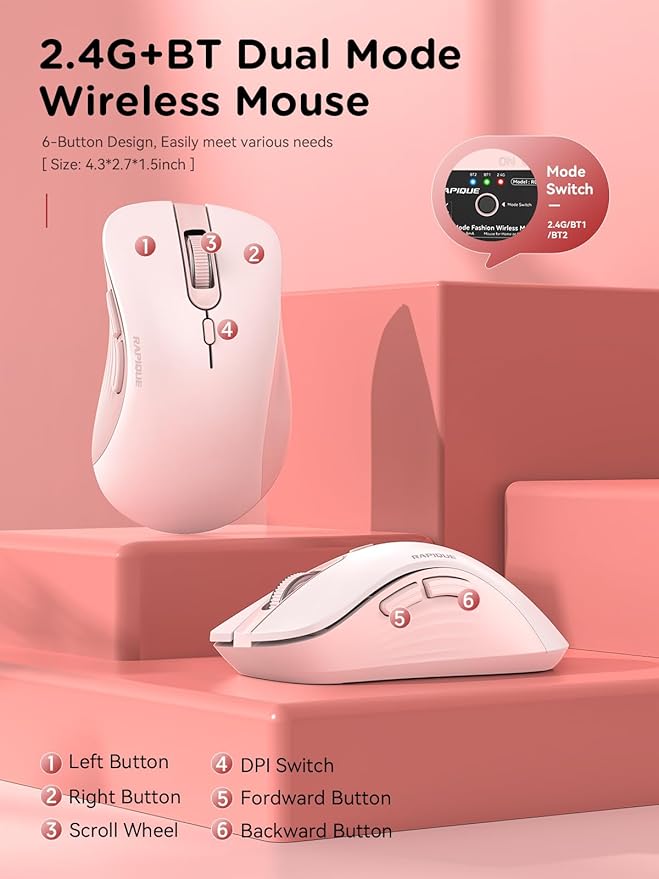 RAPIQUE Bluetooth Wireless Mouse - Dual Bluetooth & 2.4 GHz USB Receiver, Ergonomic Design, Quiet Clicks, Low Power - Multi-Device Compatibility for MacBook, Laptop, Computer, iPad Air/Pro (Pink)