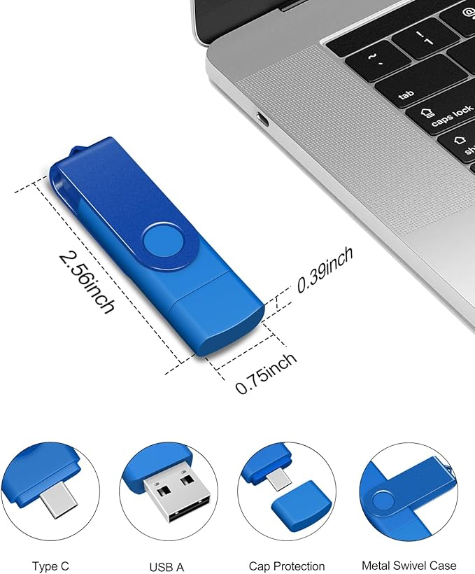 AreTop 8GB USB C Thumb Drive Dual USB 2.0 Flash Drive 8GB USB Drive Swivel Design 2-in-1 Portable Type-C Memory Stick for Android Smartphone, Computers, MacBook, Tablets, PC, 1 Pack (Blue)