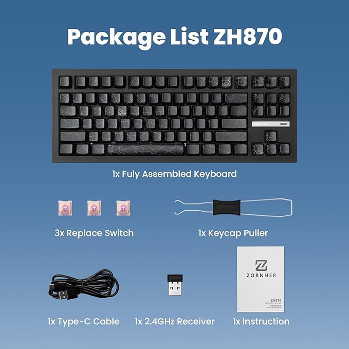 ZORNHER ZH870 Wireless Gaming Mechanical Keyboard,80% Black Custom Creamy Sound Keyboard with Spider Web IMD PC Keycaps,Creamy Sounding Linear Switches,Hot-Swappable,RGB Backlit,2.4GHz/USB-C/BT5.0