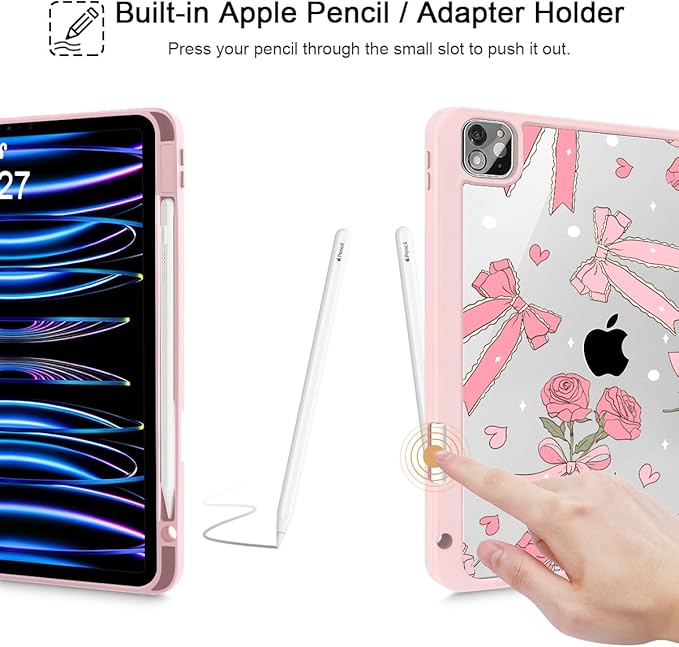Tuiklol for iPad Pro 11 Inch 4th / 3rd / 2nd / 1st Gen (2022 2021 2020 2018) Case -Built-in Pencil Holder Shockproof Cover Clear Transparent Back Shell with Auto Wake/Sleep, Bow & Rose