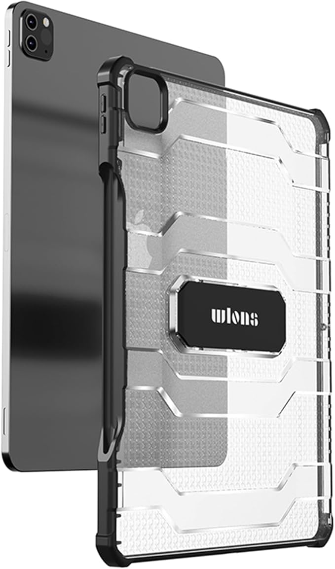 Case for iPad Pro 12.9 inch 6th/5th/4th/3rd Generation (2022/2021/2020/2018) with Pencil Holder/Kickstand Crystal Clear Hard PC Back Shockproof Heavy Duty Protective Rugged Stand Cover, Blue