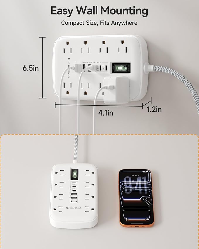 10Ft Extension Cord with Multiple Outlets, Flat Plug Surge Protector Power Strip 10 Ft Long Cord, 8 Outlets & 6 USB (3 USB C), Desk Charging Station for Home Office, College Dorm Room Essentials