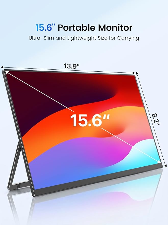 UPERFECT Portable Monitor 15.6", 125% sRGB Ultra-Slim Laptop Monitor with Protective Sleeve, Built-in Adjustment Stand | Speaker | VESA, HDMI USB-C Plug & Play Second Screen for Phone Game Console