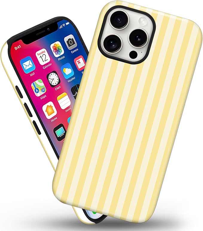 Magnetic for iPhone 15 Plus Case Cute Stripes Phone Case, Shockproof Slim TPU and Hard PC Protective Phone Cover Compatible with MagSafe Designed for Women Girls, Yellow