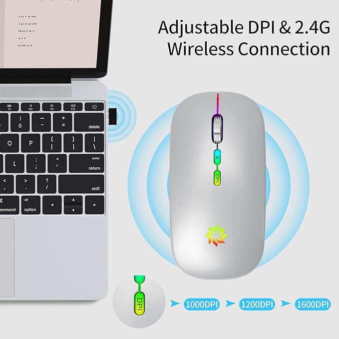 KBCASE Wireless Mouse, LED Wireless Mouse for Laptop, Slim Silent Mouse 2.4G Rechargeable Wireless Computer Mouse for Laptop, MacBook, iPad, Chromebook, with USB & Type-c Receiver
