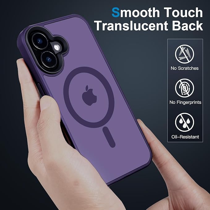 Strong Magnetic Case for iPhone 16 Case [16FT-Grade Drop Tested & Compatible with MagSafe] Translucent Anti-Fingerprint Shockproof Protective Cover 6.1 Inch, Deep Purple