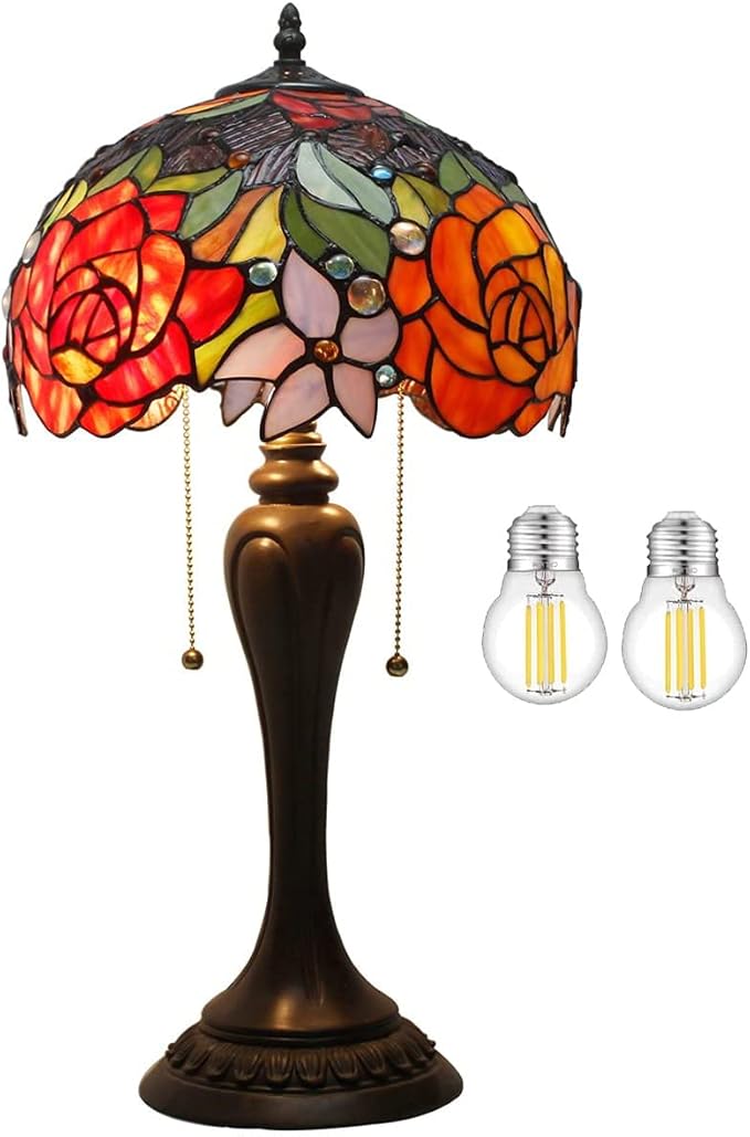 WERFACTORY Tiffany Lamp Stained Glass Table Lamp Red Rose Flower Bedside Desk Reading Light 12X12X22 Inches Decor Bedroom Living Room Home Office S001 Series