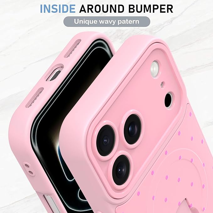 KANGHAR Compatible with iPhone 17 Pro Max Case, Support for MagSafe, Silicone Spot Cute Pattern, Wristband Kickstand Camera Protection Shockproof Soft Slim Cover for Girls Women, Pink