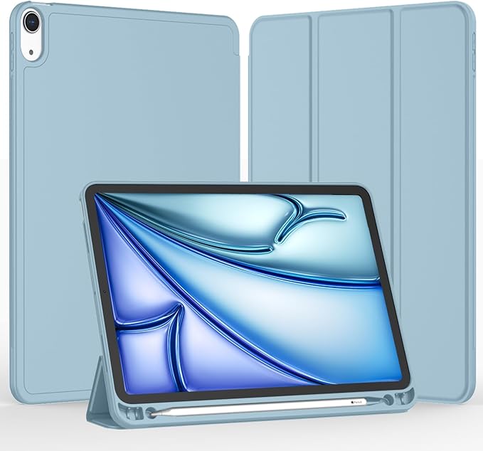 iMieet iPad Air 11 Inch Case M4/M3/M2(2026/2025/2024), iPad Air 5th/4th Generation Case 2022/2020 10.9 Inch with Pencil Holder,Trifold Stand Smart Case with Soft TPU Back(Light Blue)