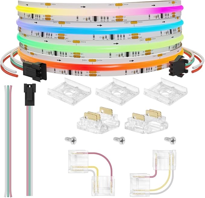 Smart WS2811 IC RGB COB LED Strip 6.56FT/2M, 720LED/m 20IC/M 12mm Width High Density Uniform Chasing Color Light DC24V White PCB Flexible Tape Light(No Adapter or Controller)