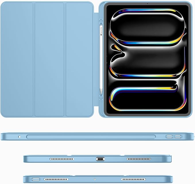 iMieet Case for iPad Pro 11 Inch (M5) 2025 /(M4) 2024 5th Gen, Trifold Stand Smart Cover with Pencil Holder and Soft TPU Back, Auto Wake/Sleep (Azure Blue)