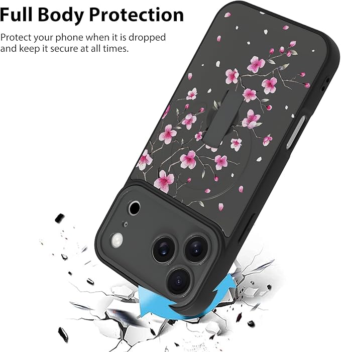 KANGHAR Compatible with iPhone 17 Pro Max Case, Magnetic Compatible with MagSafe, Cute Flower Floral Pattern Wristband Kickstand Full Camera Lens Shockproof Protective Case for Girls Women, Black