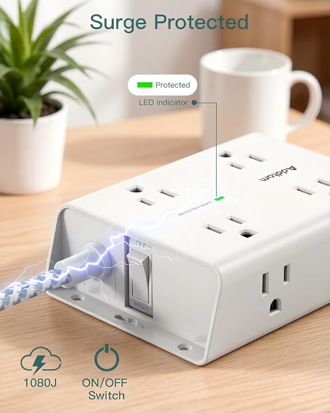 Addtam Surge Protector Power Strip, 8 Widely Outlets with 4 USB Ports (2 USB C), 10ft Extension Cord with Multiple Outlets, 3 Side Outlet Extender, Flat Plug, Wall Mount, ETL, White