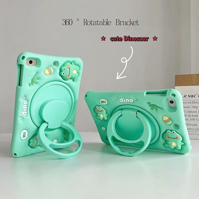 3D Cute Press Dinosaur Case for iPad Air 1st 2nd/iPad Pro 2016/iPad 5th 6th 9.7 inch,Kawaii Cartoon Character Dinosaur Soft Silicone Rotating Stand Case with Lanyard for Kids Teens Girls Women