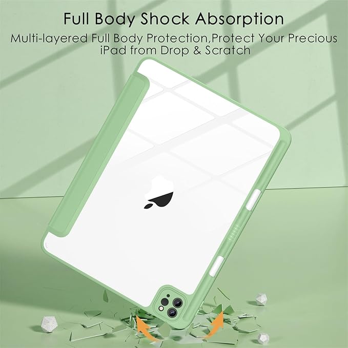 Soke Case for iPad Pro 12.9 Inch (6th/5th/4th/3rd Generation, 2022/2021/2020/2018) - Pencil Holder + Auto Sleep/Wake + Camera Protection, Transparent Shockproof Back Cover,Matcha Green