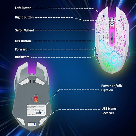 VersionTECH. Wireless Gaming Mouse, Rechargeable Computer Mouse Mice with Colorful LED Lights, Silent Click, 2.4G USB Nano Receiver, 3 Level DPI for PC Gamer Laptop Desktop Chromebook Mac-White